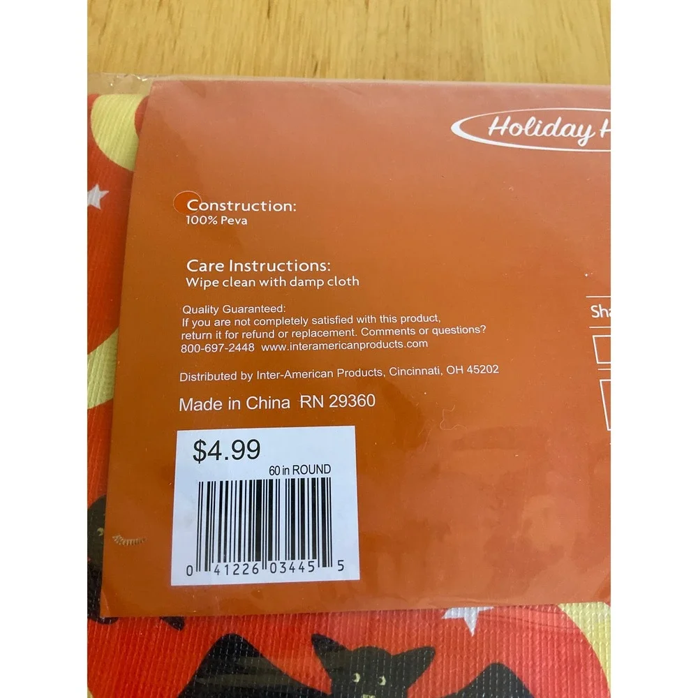 Holiday Home Halloween Bats Tablecloth Vinyl Orange Round 60 Inch PEVA New